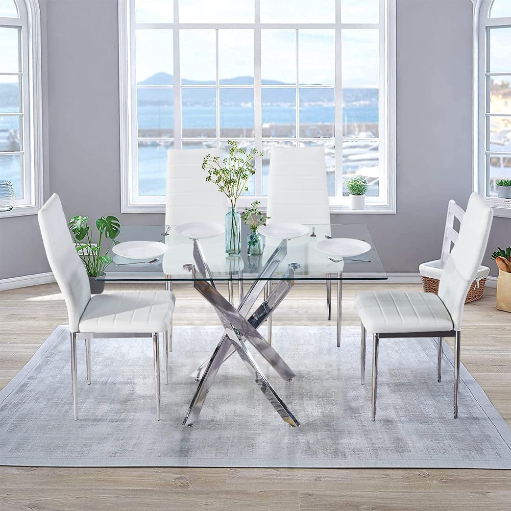 Tempered Glass Dining Table with Chromed Legs (White)-0
