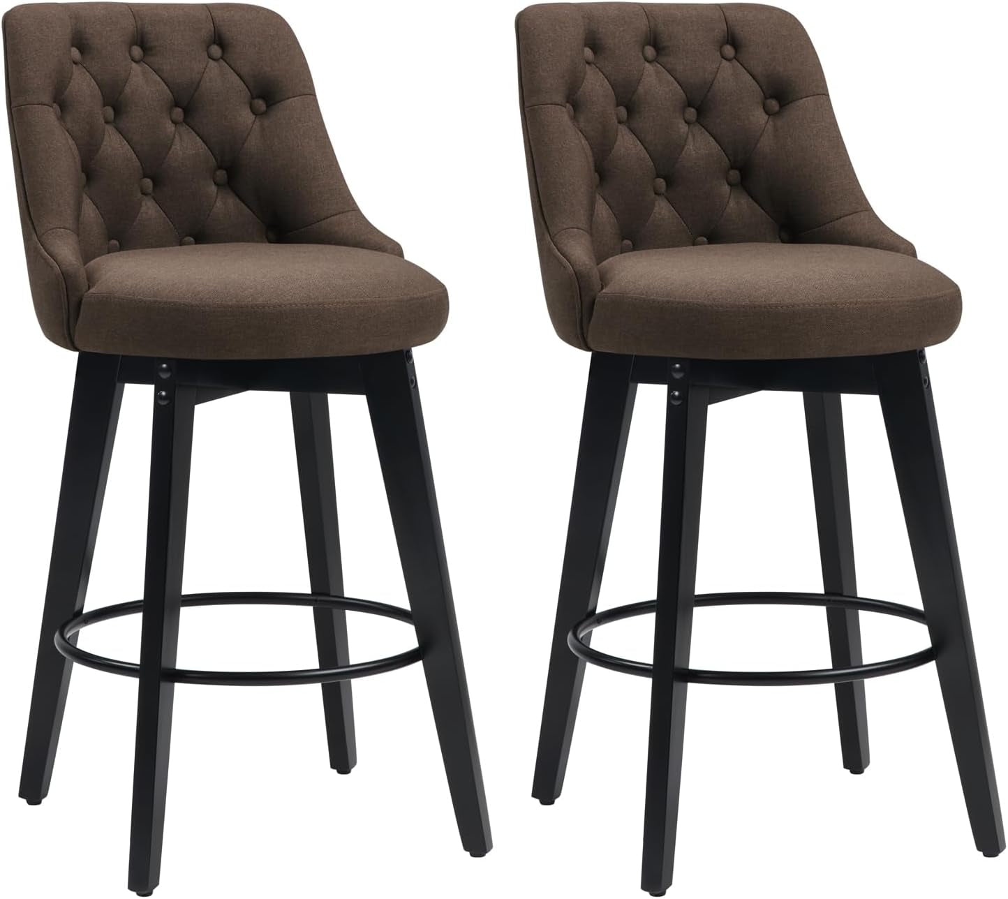 Bar Stools Set of 2, Swivel Barstools with Backs and Wood Legs, 27" Linen Fabric Upholstered Bar Chairs for Kitchen Island, Dining, Cafe, Pub（Sepia）-0