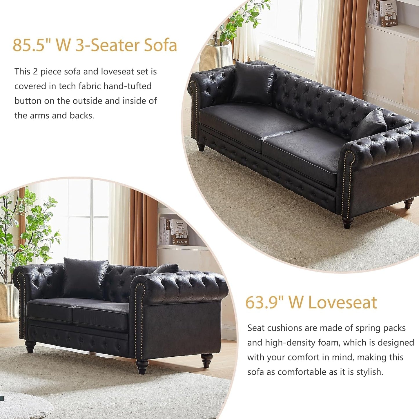 2-Piece Tech Fabric Upholstered Living Room Sofa Set, Including 3-Seater Sofa and Loveseat with Button and Copper Nail on Arms, Four Pillows Included, Black-3