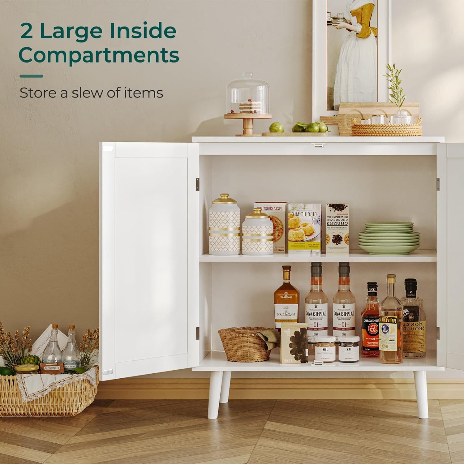 Buffet Cabinet with Storage, Storage Cabinet with PE Rattan Decor Doors, Accent Cabinet with Solid Wood Feet, Sideboard Cabinet for Hallway, Entry, Living Room, White-4