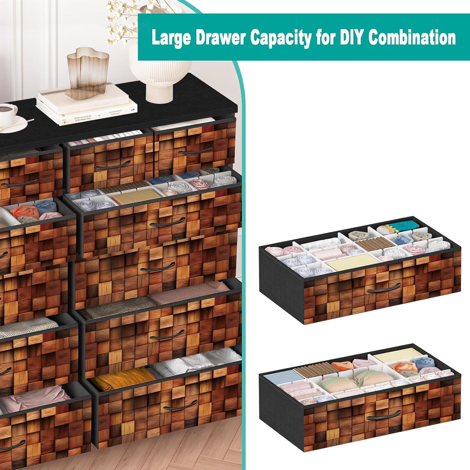 TV Stand Dresser for Bedroom, Tall Fabric Drawer Dresser, Chest of Drawers, Fabric Storage Organizer Cabinet for Closet, Nursery (Solid Brown)-3