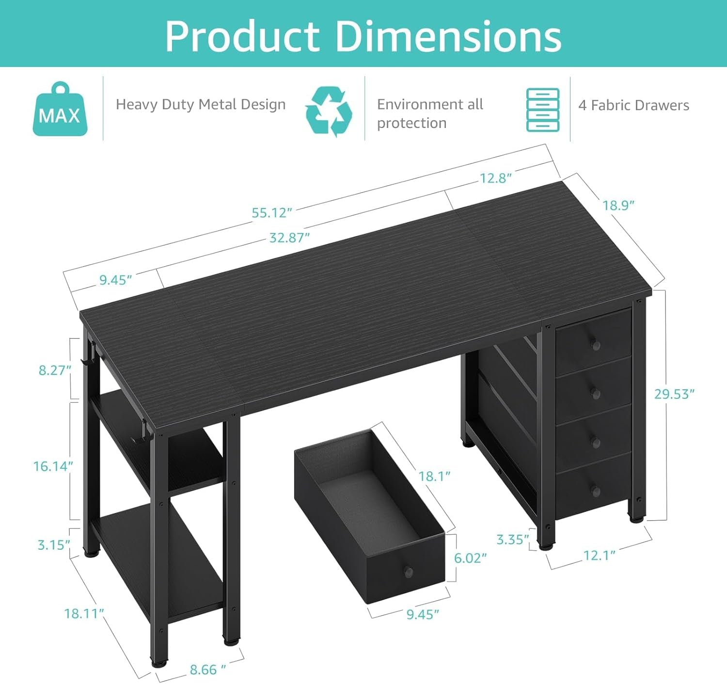 Gaming Desk with 4 Fabric Drawers & Storage Shelves, 55 Inch Computer Writing Work Study Desk for Home Office Bedroom, Modern Simple Student PC Desks Table, Black-2
