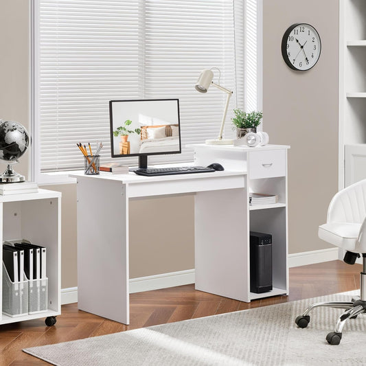 White Desk & Black Mesh Chair Set, Adjustable-0