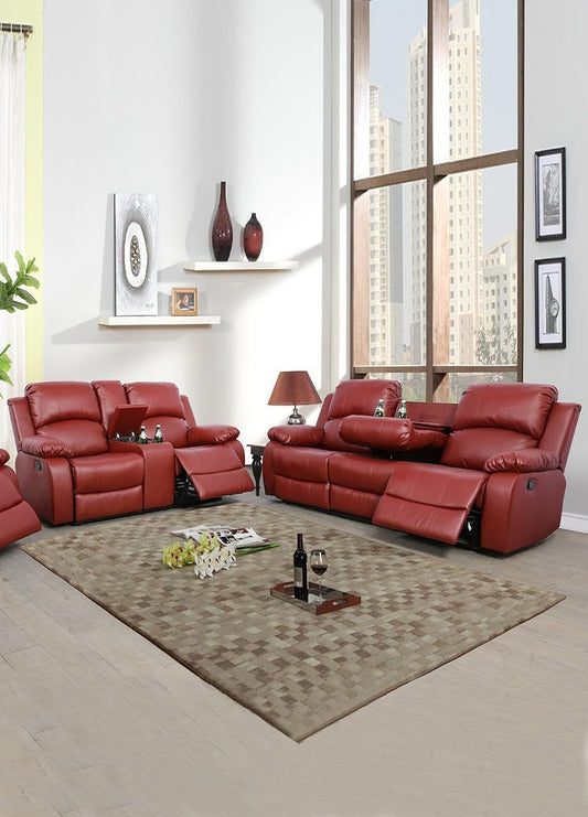 Faux Leather Recliner Sofa Set, Reclining Living Room Set, Manual Reclining Sofa and Loveseat with Recliner Chair (Red, Sofa+Loveseat)-0