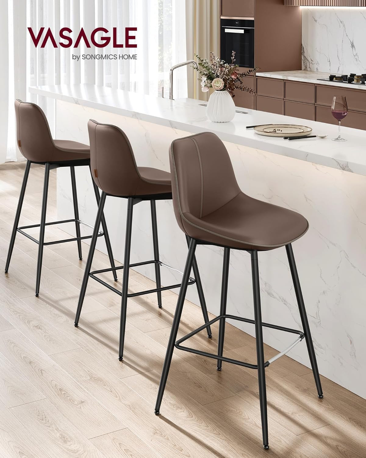 Bar Stools Set of 2, Bar Height Bar Stools with Back, Ergonomic Backrest, Synthetic Leather, Metal Legs, 28.7-Inch Tall Stools for Kitchen Island Home Bar, Coffee Brown ULBC888K02-2