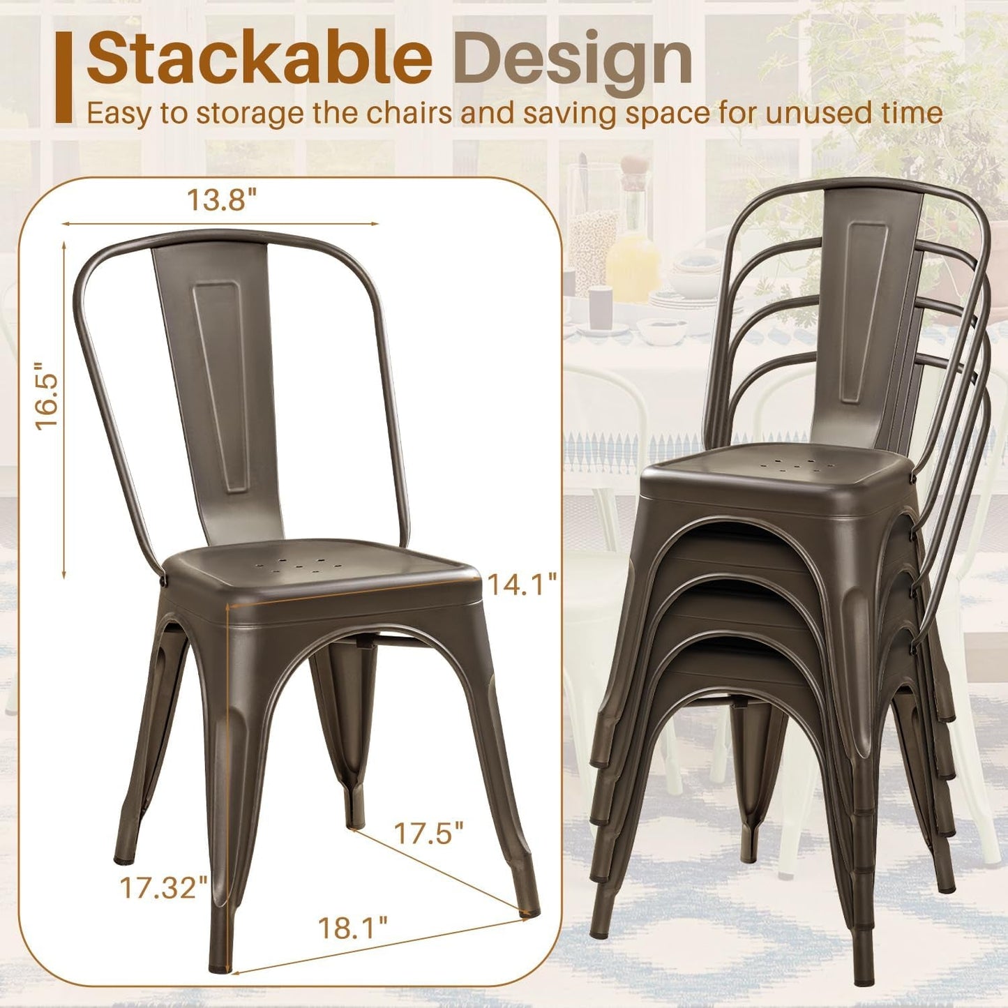 Metal Dining Chair Indoor Outdoor Use Stackable Classic Trattoria Chair Chic Dining Bistro Cafe Side Metal Chairs Set of 4 (Gun)-2