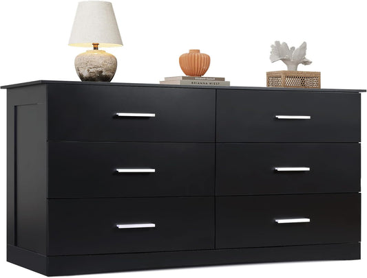 Wood Dresser for Bedroom, Wide Chest of Drawers with 6 Drawer, Oak Furniture Large Storage Tower Unit, Closet Store Organizer for Living Room, Hallway, Long Nightstand, Modern Minimalist Black-0
