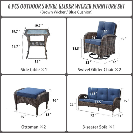 6 Piece Patio Conversation Sets - Wicker Patio Furniture Sets with Outdoor Swivel Rocker Chairs Outdoor Couch Perfect for Patio Deck Backyard, Brown Wicker Blue Cushion-1