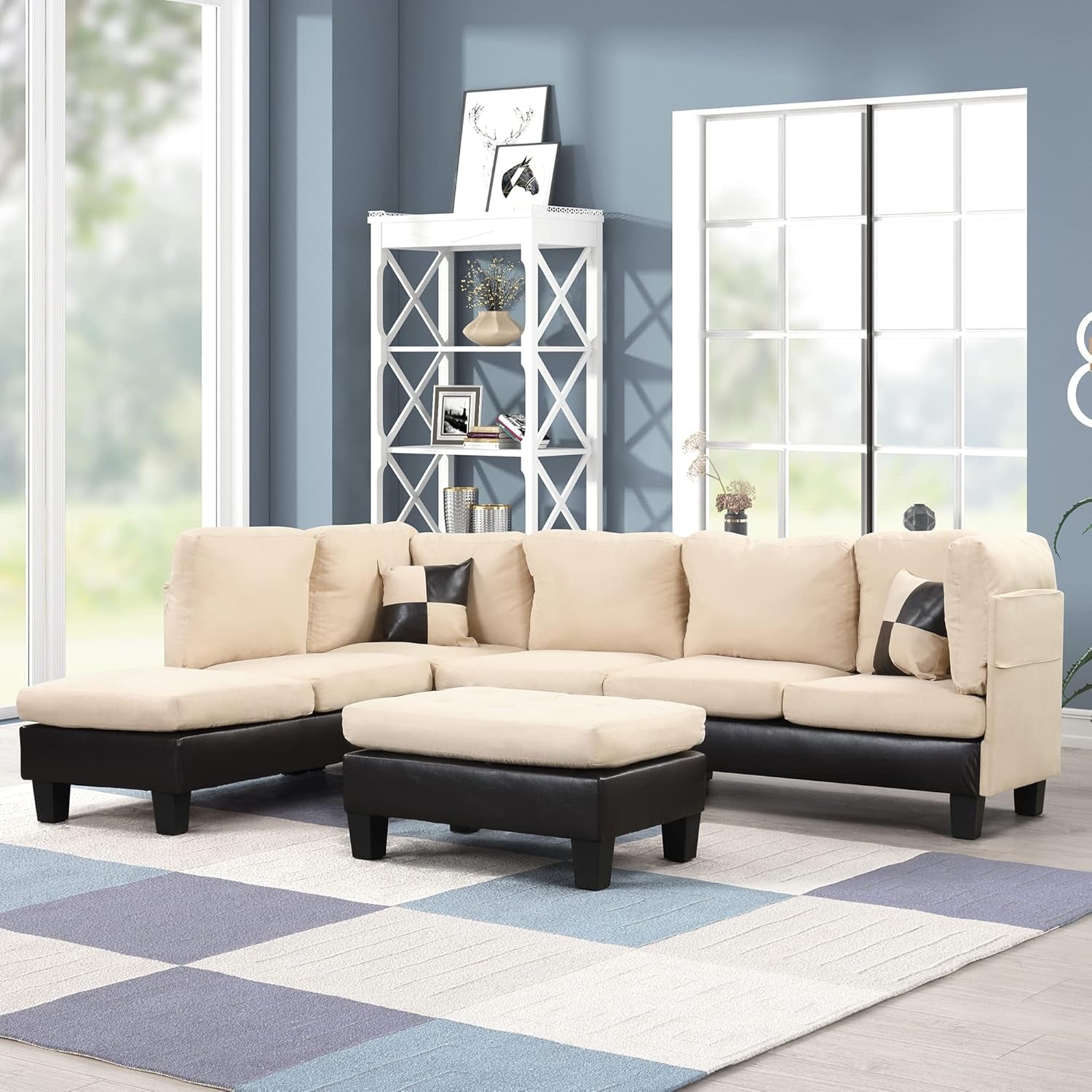 3 Piece Microfiber and Faux Leather L Shaped Sectional Sofa Couch with Reversible Chaise & Ottoman-2