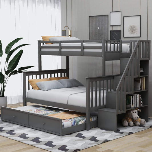 Twin over Full Bunk Bed, Wooden Bunk Bed Frame Twin over Full with Trundle and Storage Shelves, Twin over Full Size Bunk Beds with Staircases for Kids Teens Adults, Grey-0