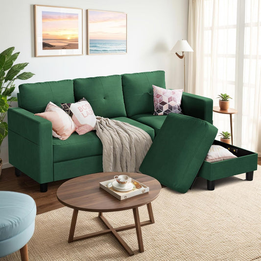 Convertible Sectional Sofa Couch,3 Seat L Shaped Couches with Storage Function Ottoman,Modern Linen Convertible Sectionals Sofas with Armrest Reversible Chaise,Small Spaces Sofa (Green)-0