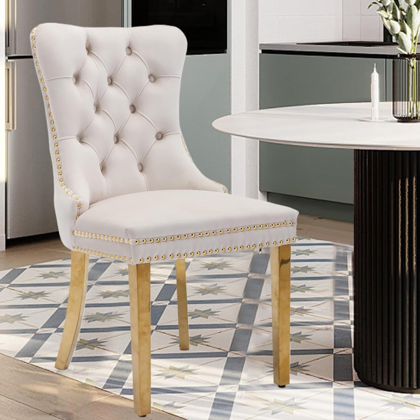 Velvet Upholstered Dining Chairs Set of 4, Modern Style Kitchen Side Chairs with Nailhead Trim and Gold Plated Leg, Metal Pulling Ring for Dining Room Living Room(Beige-Gold Plated Leg)-3
