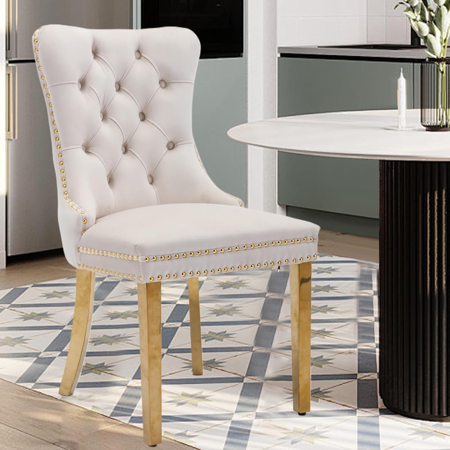 Velvet Upholstered Dining Chairs Set of 4, Modern Style Kitchen Side Chairs with Nailhead Trim and Gold Plated Leg, Metal Pulling Ring for Dining Room Living Room(Beige-Gold Plated Leg)-3