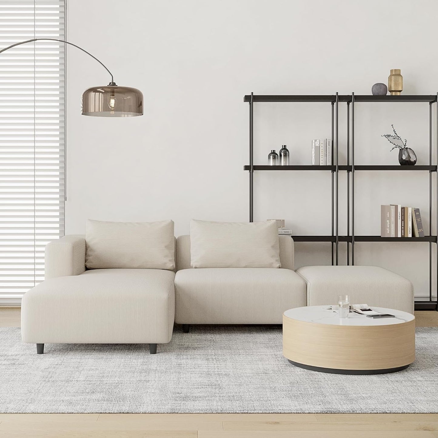 Soft Corduroy Sectional Modular Sofa Set, Modern L-Shaped Chaise Couch for Living Room, Apartment, Office, Small Spaces, Cream-0