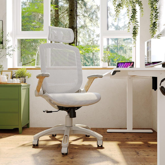 White Mesh Ergonomic Office Chair, Headrest, Tilt, 400LBS-0
