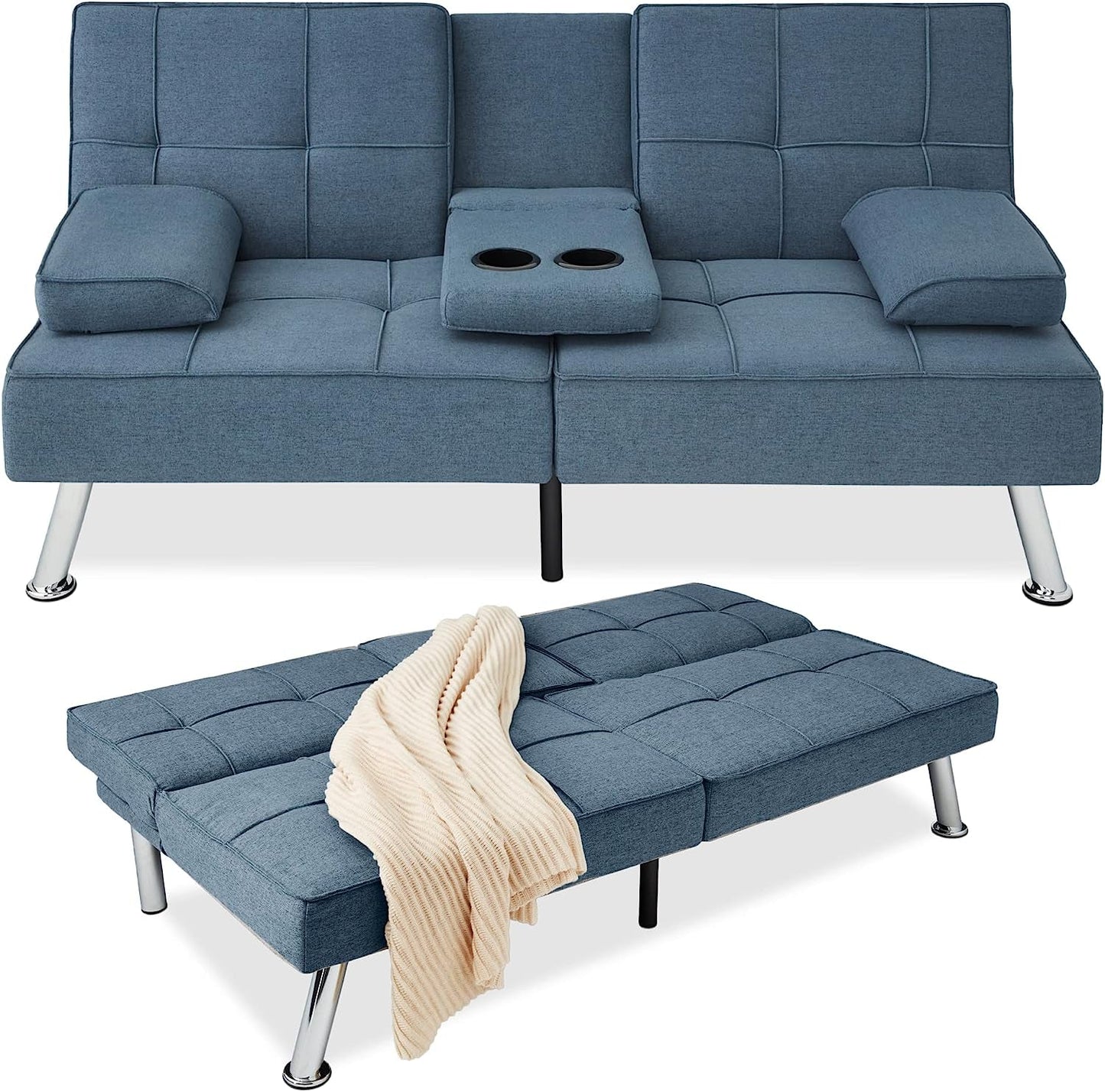 Linen Modern Folding Futon, Reclining Sofa Bed for Apartment, Dorm W/Removable Armrests, 2 Cupholders - Blue-0