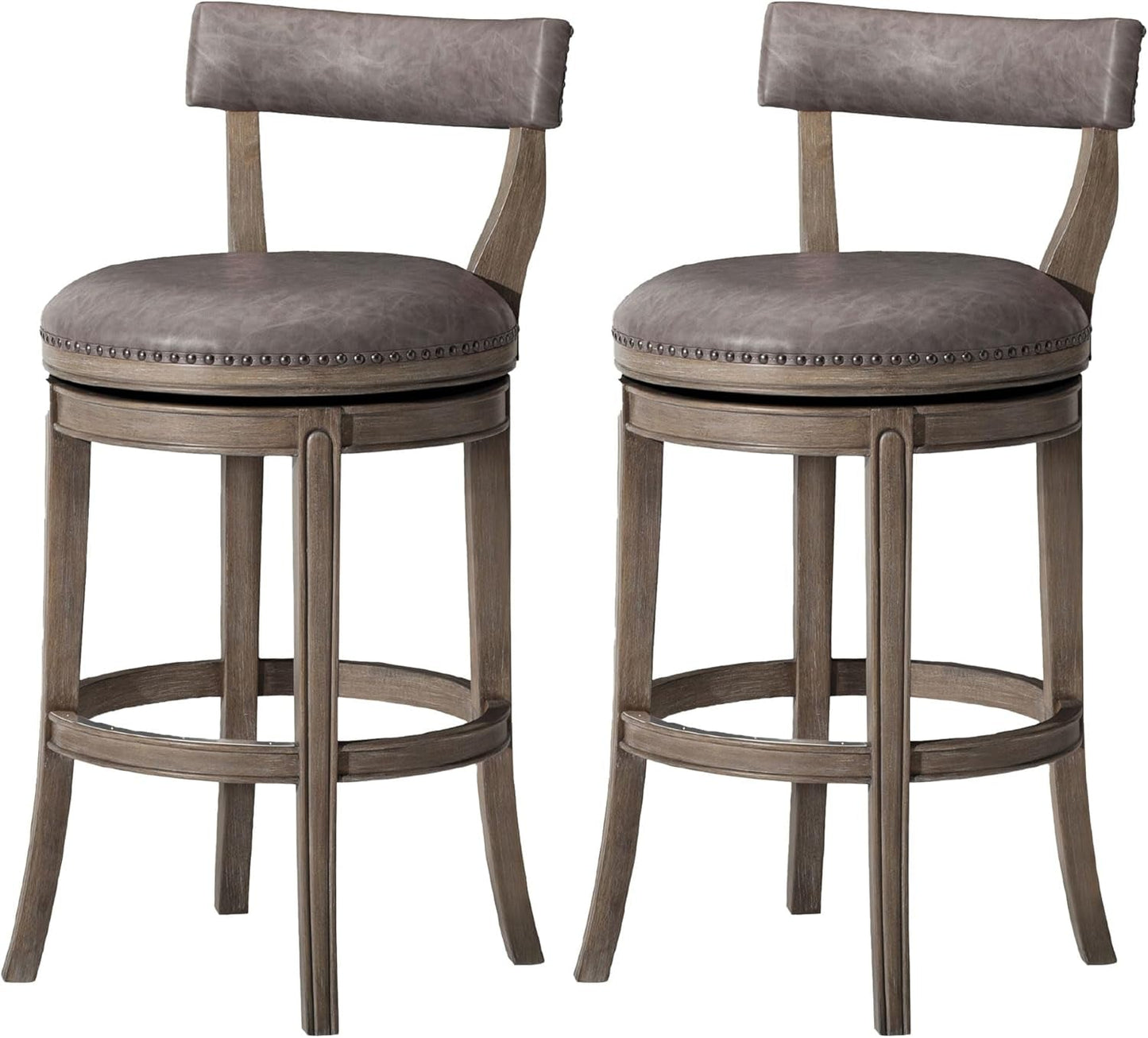 Alexander 31 Inch Tall Bar Height Rotating Low Back Barstool in Reclaimed Oak Finish with Ronan Stone Vegan Leather Seat, Set of 2-0