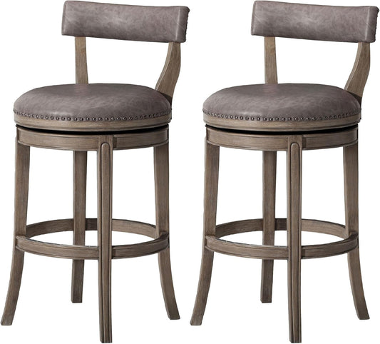 Alexander 31 Inch Tall Bar Height Rotating Low Back Barstool in Reclaimed Oak Finish with Ronan Stone Vegan Leather Seat, Set of 2-0