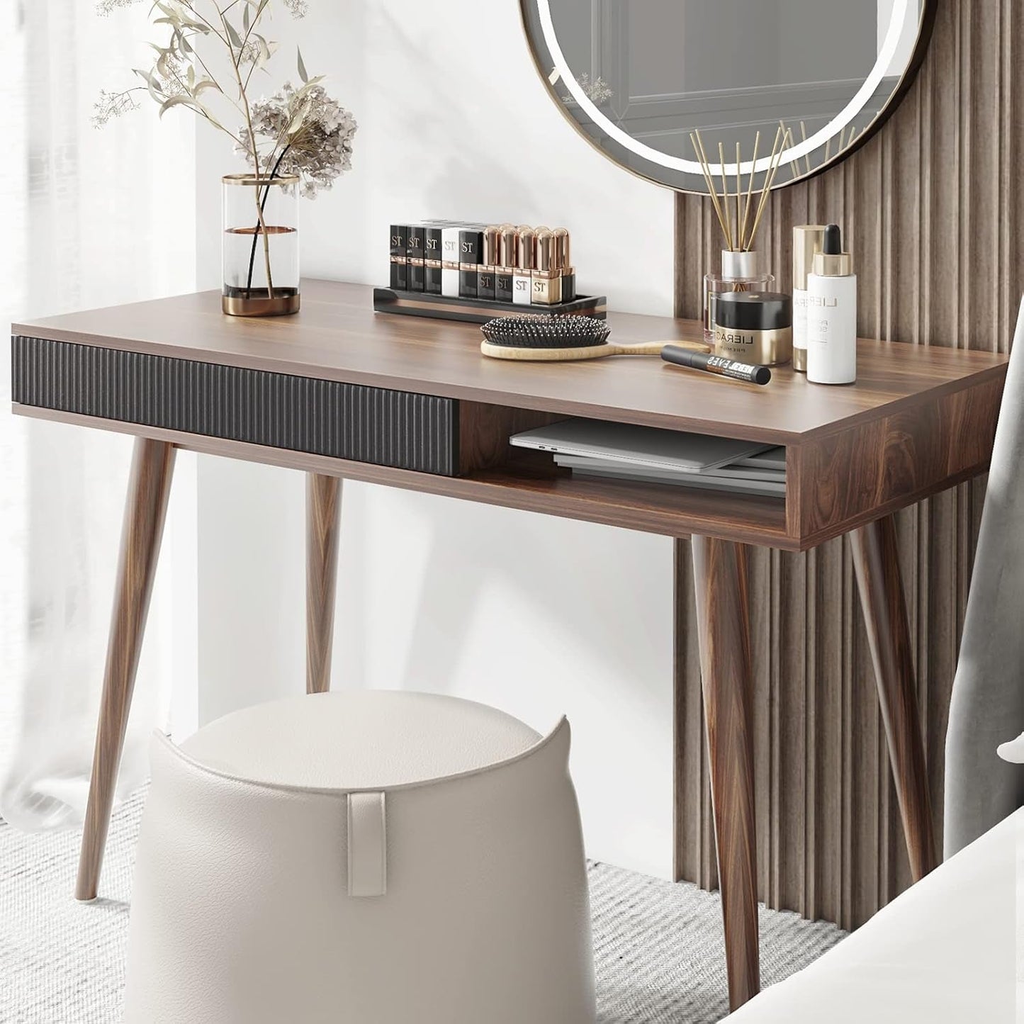 Office Desk Mid Century Modern Desk Writing Desk with Drawer Simple Home Office Desk Mid Century Desk, Walnut-2