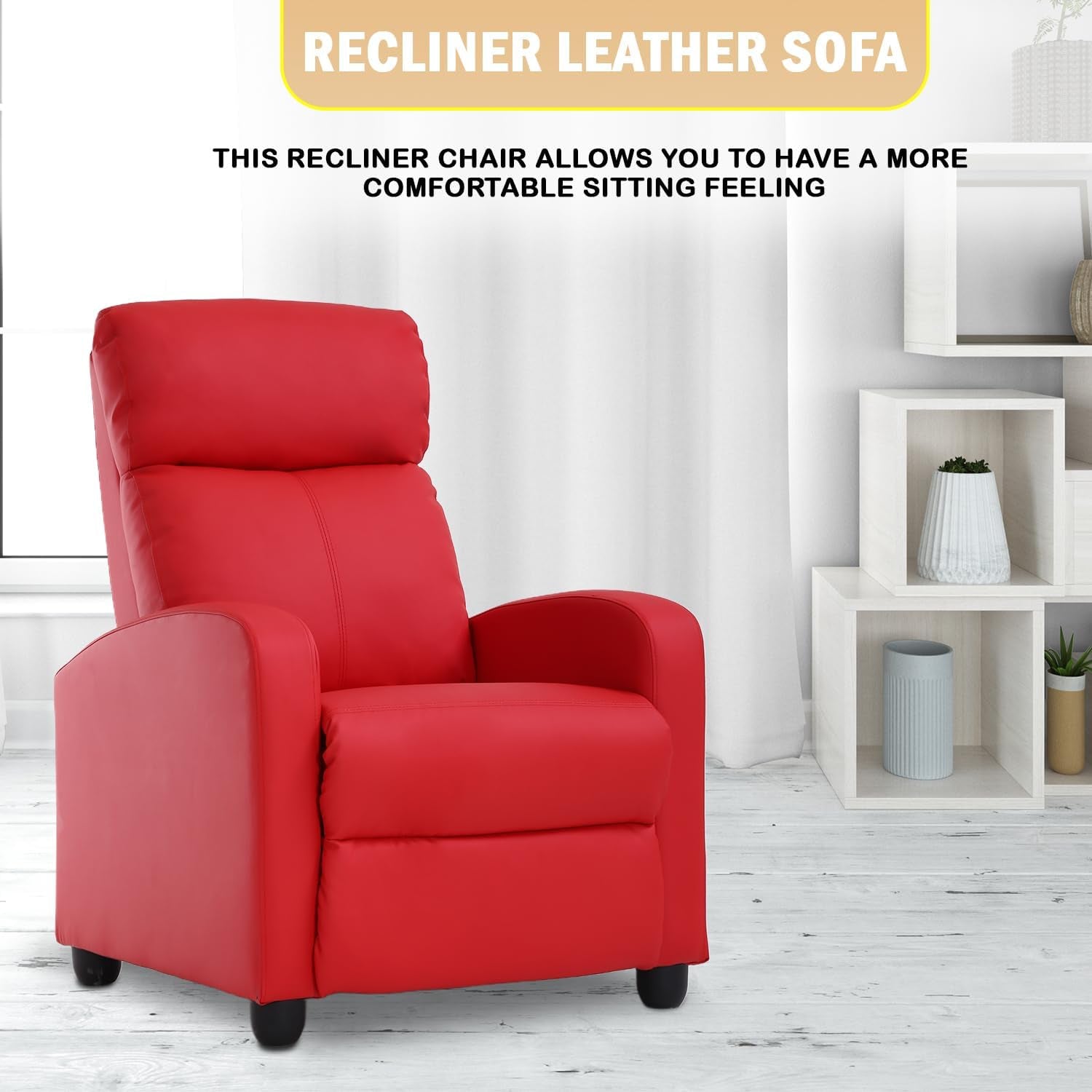 Recliner Chair Single Reclining Sofa Home Theater Seating with Lumbar Support and Padded Backrest for Living Room and Bedroom (Leather, Red)-2