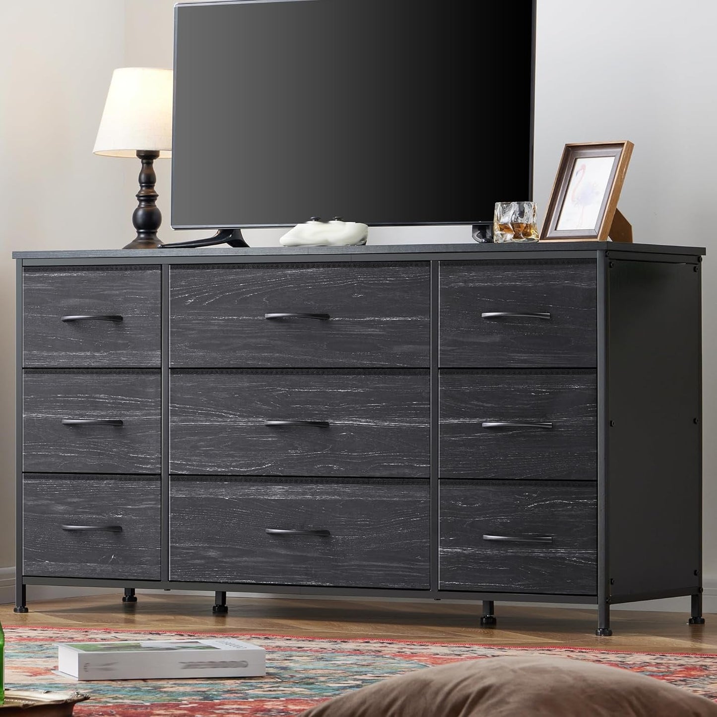 Dresser, Dresser for Bedroom with 9 Drawers, Wide Dresser TV Stand for 55” TV Stand for Bedroom Dresser Long Dressers & Chests of Drawers, Metal Frame&Wood Top, Closet, Hallway, Charcoal Black-1