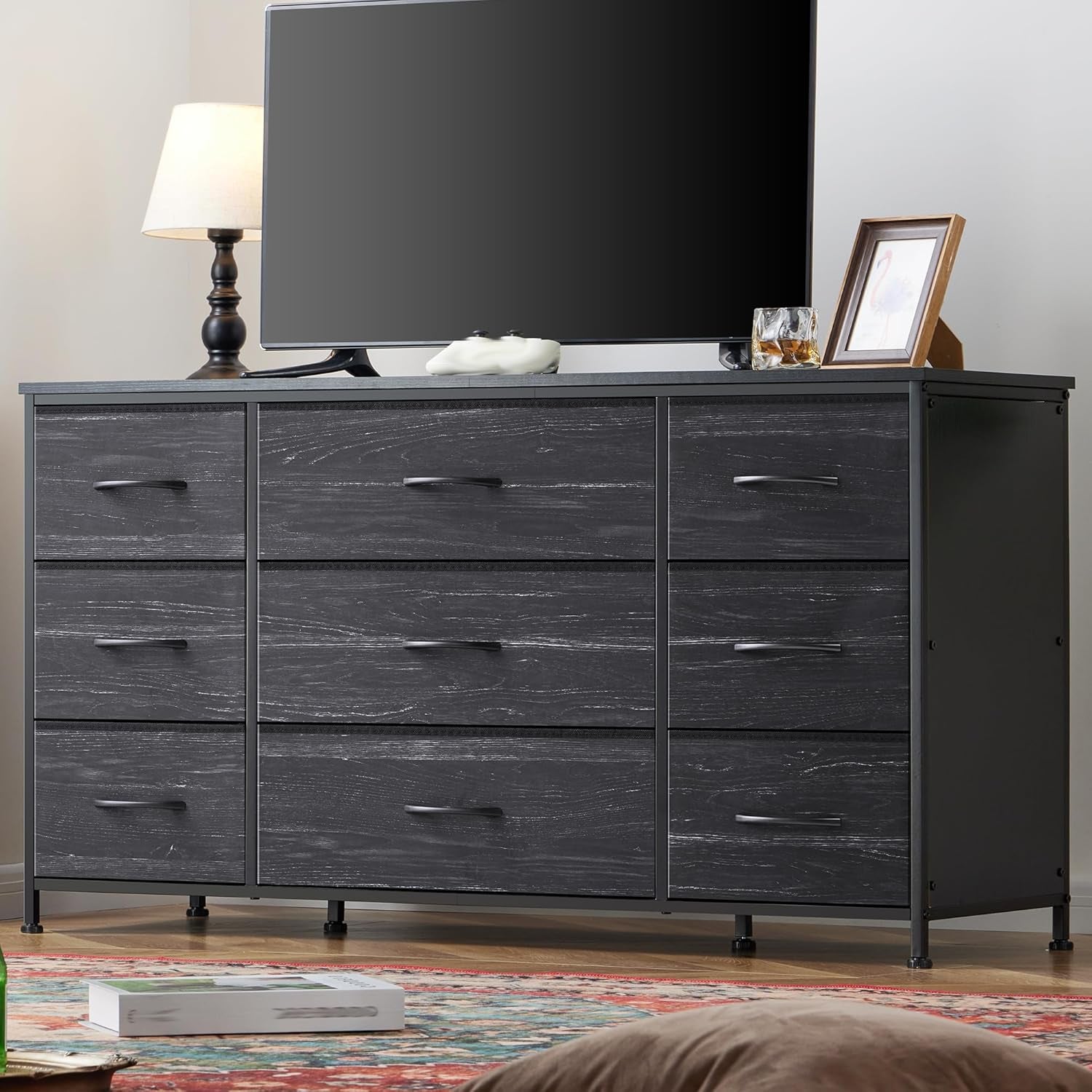Dresser, Dresser for Bedroom with 9 Drawers, Wide Dresser TV Stand for 55” TV Stand for Bedroom Dresser Long Dressers & Chests of Drawers, Metal Frame&Wood Top, Closet, Hallway, Charcoal Black-1