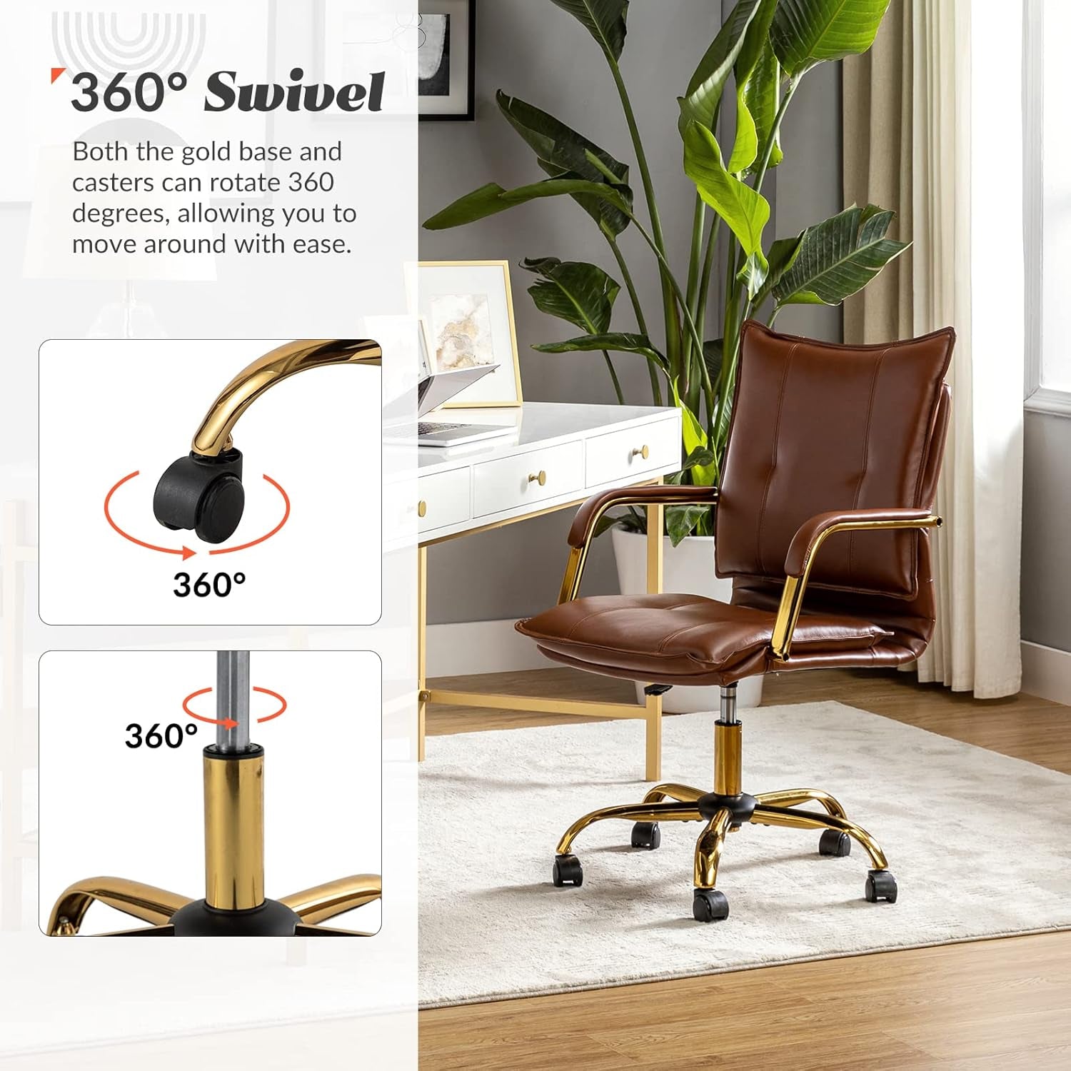 Faux Leather Home Office Desk Chair, Adjustable Swivel Computer Chair with Golden Legs and Arms, Comfy Upholstered Task Chair, Brown-3