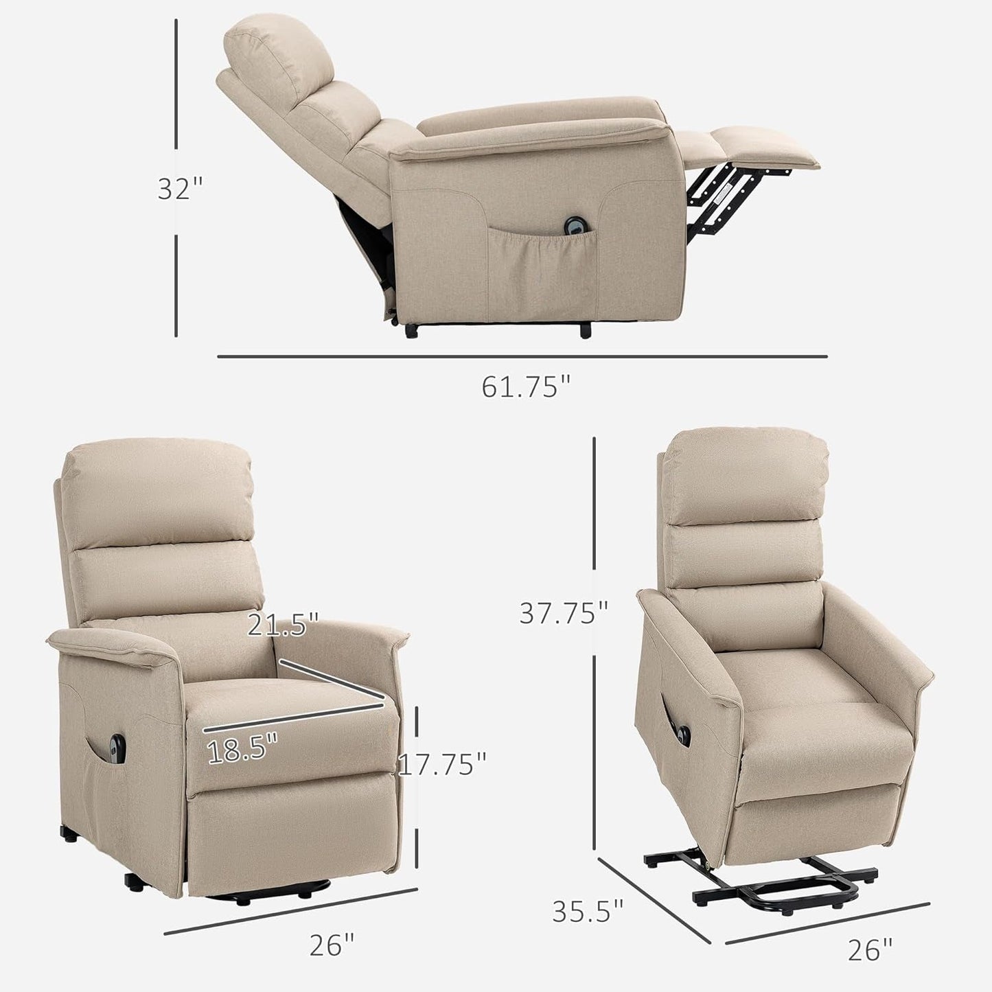 Power Lift Recliner Chair for Elderly, Easy Assembly, Fabric Lift Chair for Adults, Recliner Sofa with Remote Control, Side Pockets for Living Room, Beige-2
