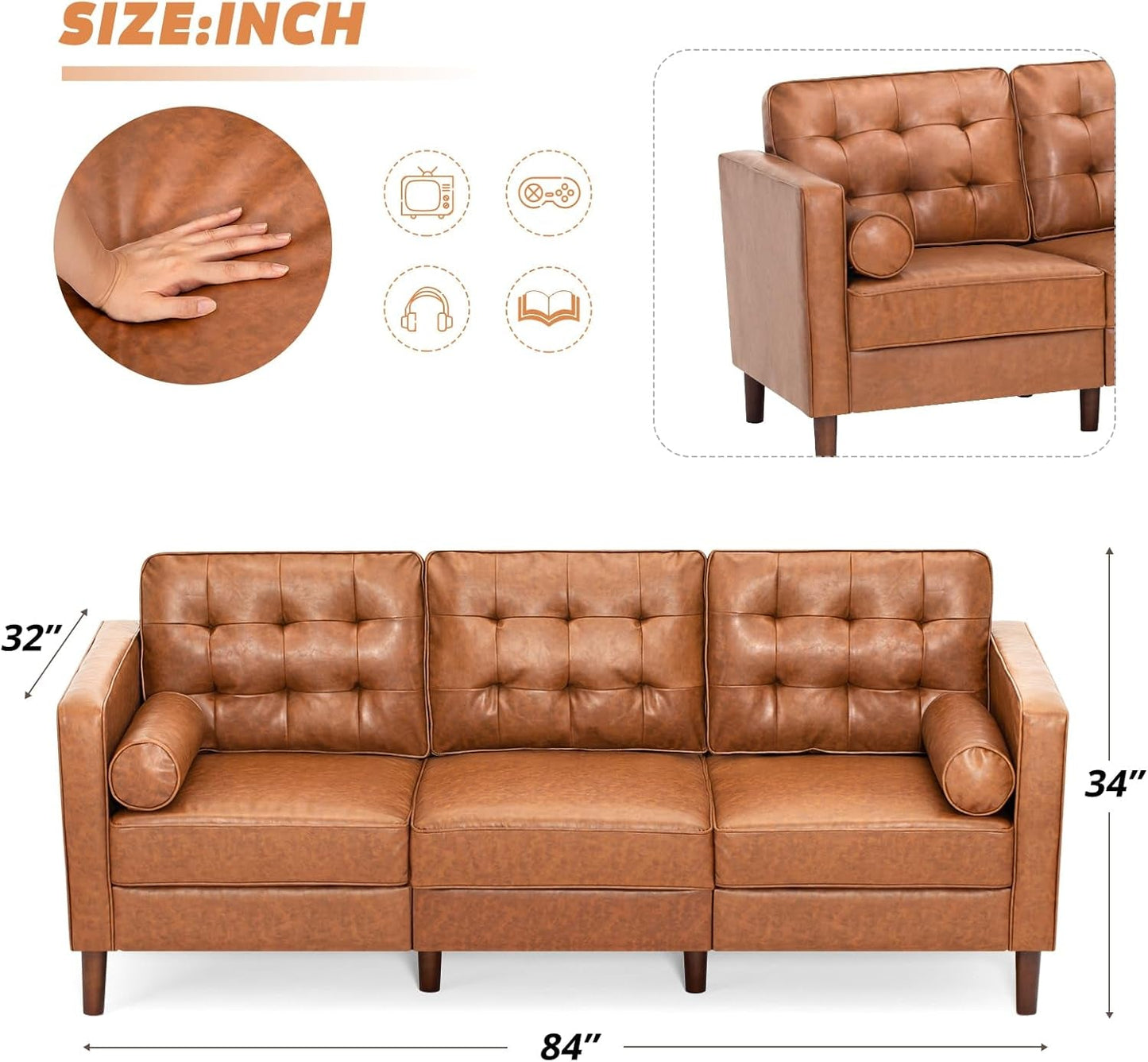 2 Pieces Faux Leather Couch Set, Upholstered 3 Seat & Loveseat Sofa with Bolster Pillows, Mid Century Modern Couch Set with Wooden Legs for Living Room, Bedroom, Office. Brown-2