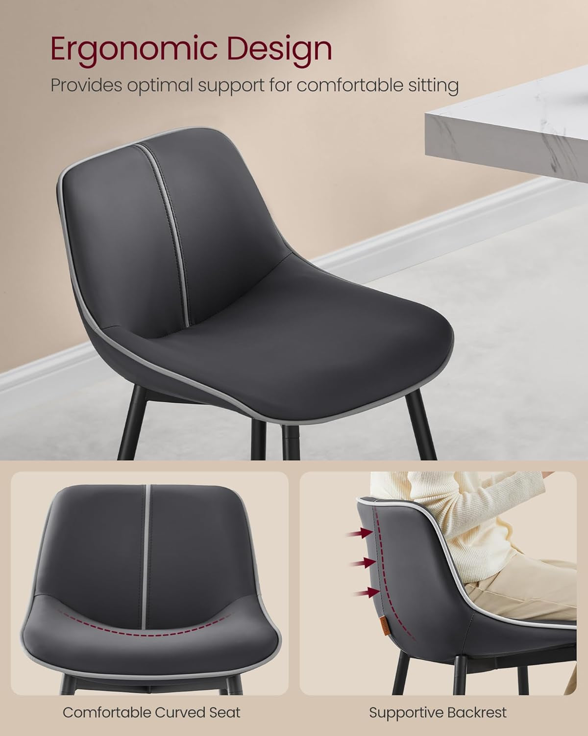 Bar Stools Set of 2, Bar Height Bar Stools with Back, Ergonomic Backrest, Synthetic Leather, Metal Legs, 28.7-Inch Tall Stools for Kitchen Island Home Bar, Ink Black ULBC888B01-3