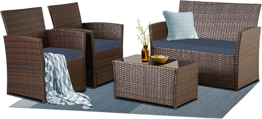 4 Piece Outdoor Furniture Set, Patio Wicker Sectional Sofa with Tempered Glass Coffee Table and Cushions, Rattan Conversation Set for Garden Backyard Balcony (Brown Rattan-Blue Cushion)-0