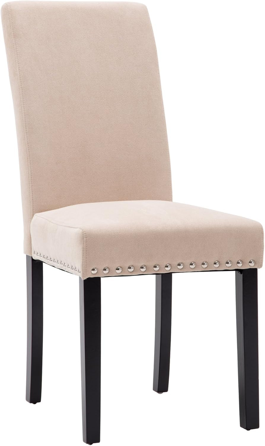 Dining Chair Upholstered Fabric Dining Chairs with Copper Nails,Set of 2,Beige-4