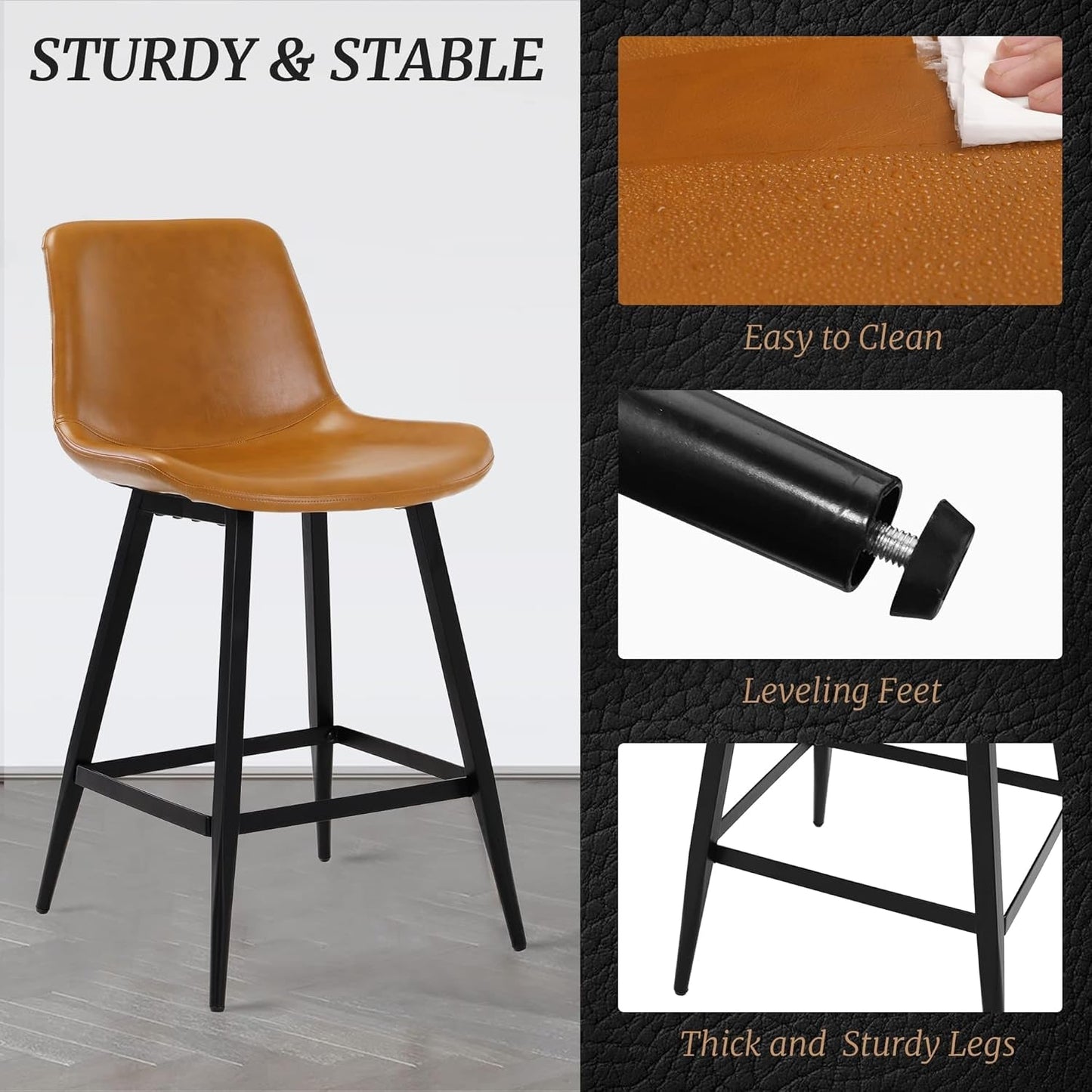 24 Inch Counter Stool, Modern Bucket Barstool, Kitchen Counter with Back and Footrest, Counter Height Bar Stools for Home Kitchen Island Restaurants, Set of 2, Whiskey Brown-4