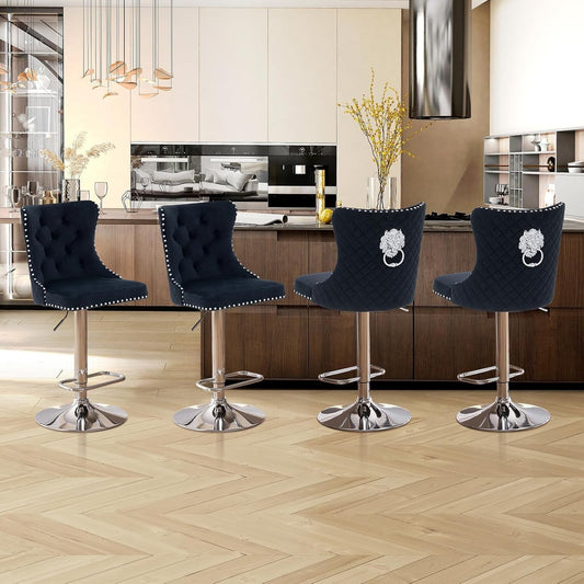 Velvet Adjustable Swivel Bar Stools Set of 4, High Tufted Back Modern Counter Height Stools-Chrome Base Footrest/Lion Pull Ring/Rivet Trim/Diamond Pattern Kitchen Dining Pub Bar Chairs, Black-0