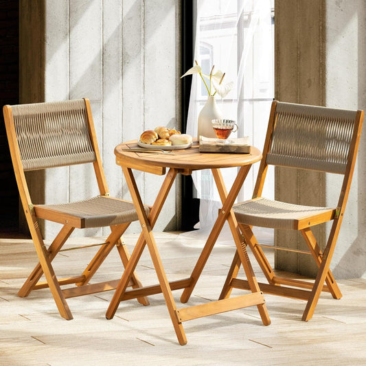 Wood Rope Design Heavy Duty 400Lbs Capacity Patio Bistro Set 3 Piece Outdoor, Folding Chairs with Elegant-0