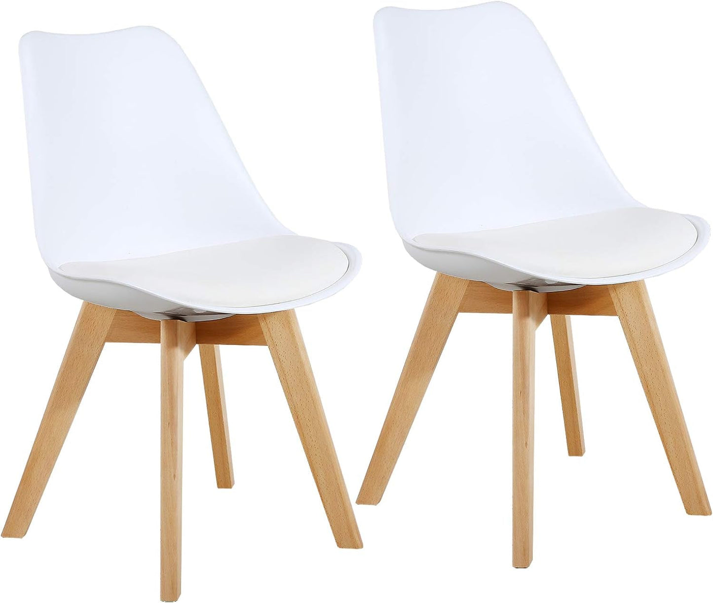 Set of 2 Modern Style Chair Dining Chairs, Shell Lounge Plastic Chair with Natural Wood Legs (White)-0