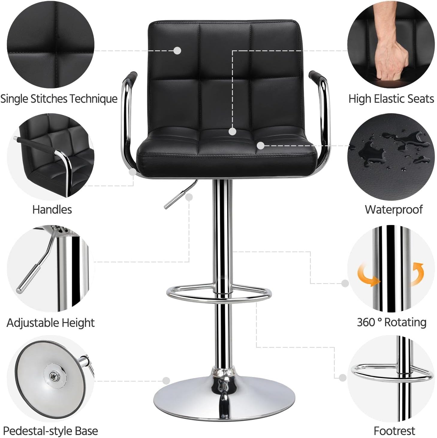 Bar Stools Set of 2, PU Leather Adjustable Swivel Barstools, Hydraulic Kitchen Counter Height Bar Chairs with Armrest and Back for Bar, Kitchen, Dining Room, Black-4
