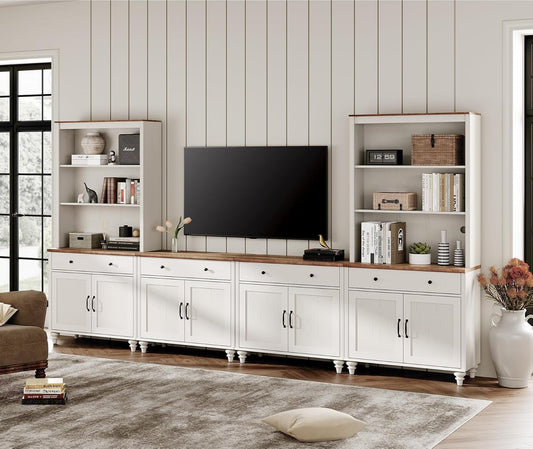 Entertainment Center with Bookshelves for Tvs up to 75", Farmhouse Wall Unit TV Stand with 8 Doors & 4 Drawer, Media Console Table for Living Room, Bedroom & Home Theater, off White-0