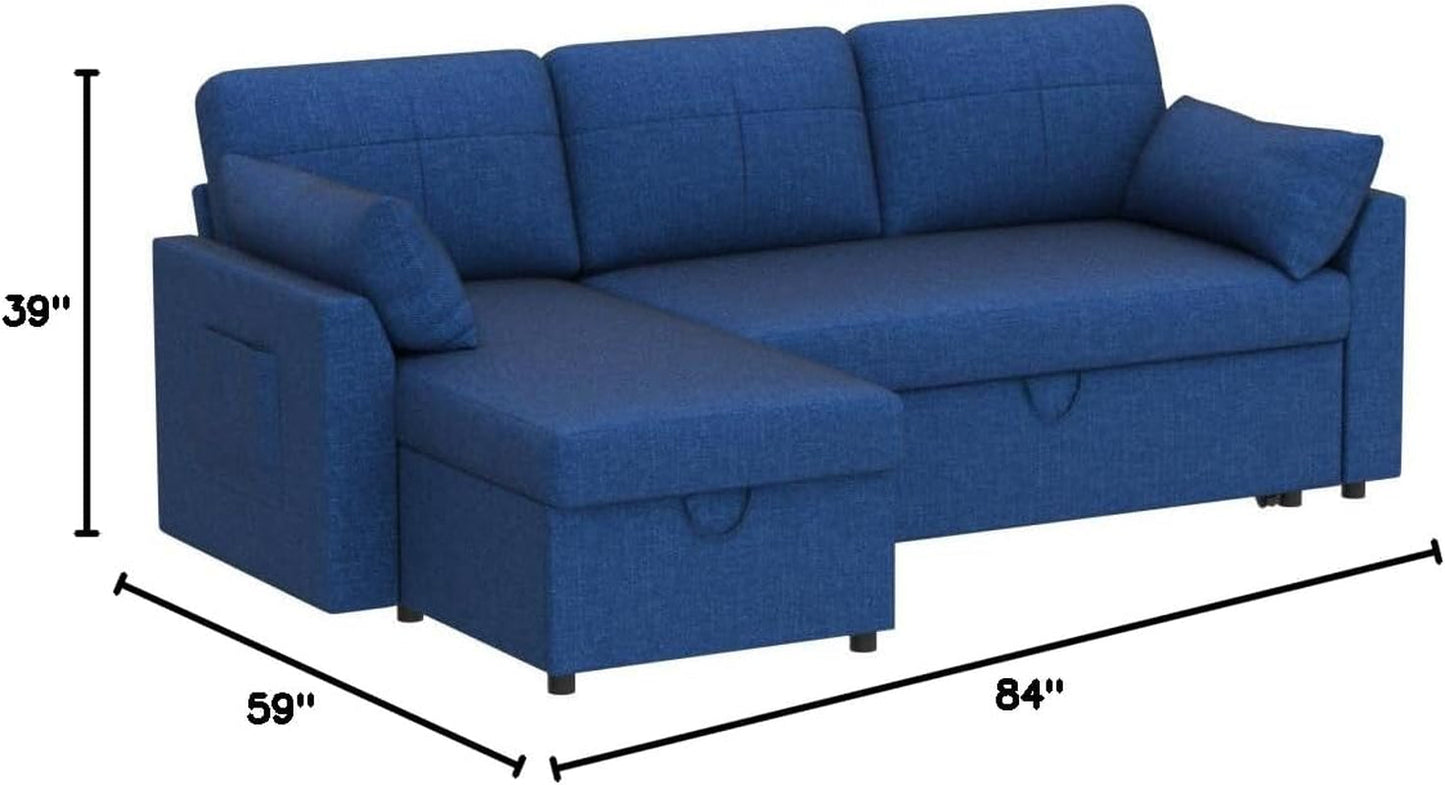 Sofa Bed, Sleeper Sofa with Storage Chaise- 2 in 1 Pull Out Couch Sofa for Home Office, Living Room, Comfy Sofa Sleeper, Blue Linen Couch-1