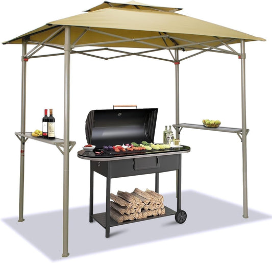 8X5 Grill Gazebo - Pop up Canopy for BBQ and Backyard Patio - Easy Outdoor Barbecue Shade Cover with Double Tier Vented Top & 2 Side Shelves (Beige)-0