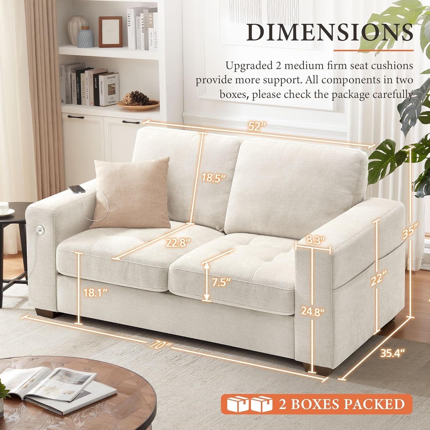 Sofa 70 Inch Loveseat with Usb/Type-C Charging Port & Side Pocket, Comfy Modern 2-Seats Sofa for Living Room & Bedroom, Removable Medium Firm Sofa Cushion, Breathable Chenille Fabric, Beige-3