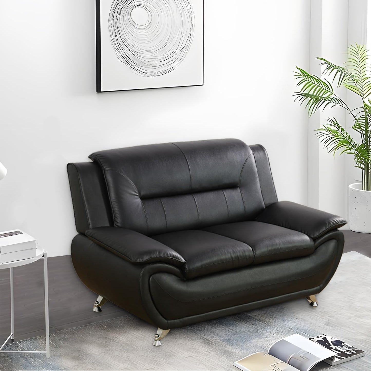 Black Faux Leather Sofa Loveseat Set Living Room-3