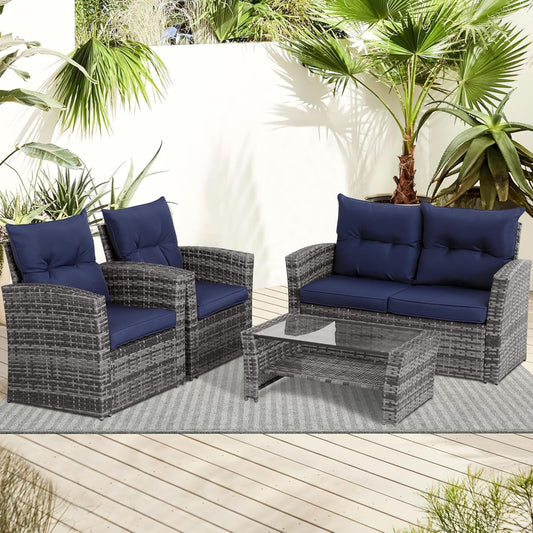 4 Piece Outdoor Patio Furniture Set, Outdoor Sectional Furniture, Wicker Sectional Conversation Sofa Set with Glass Table and Cushions (4 Piece Navy)-0
