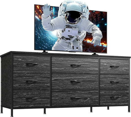 Dresser TV Stand with 9 Drawers for 60'' TV Stand for Bedroom Long Dresser for Bedroom Wide Dressers & Chests of Drawers, Sturdy Metal Frame & Wood Top, Living Room, Closet, Charcoal Black-0