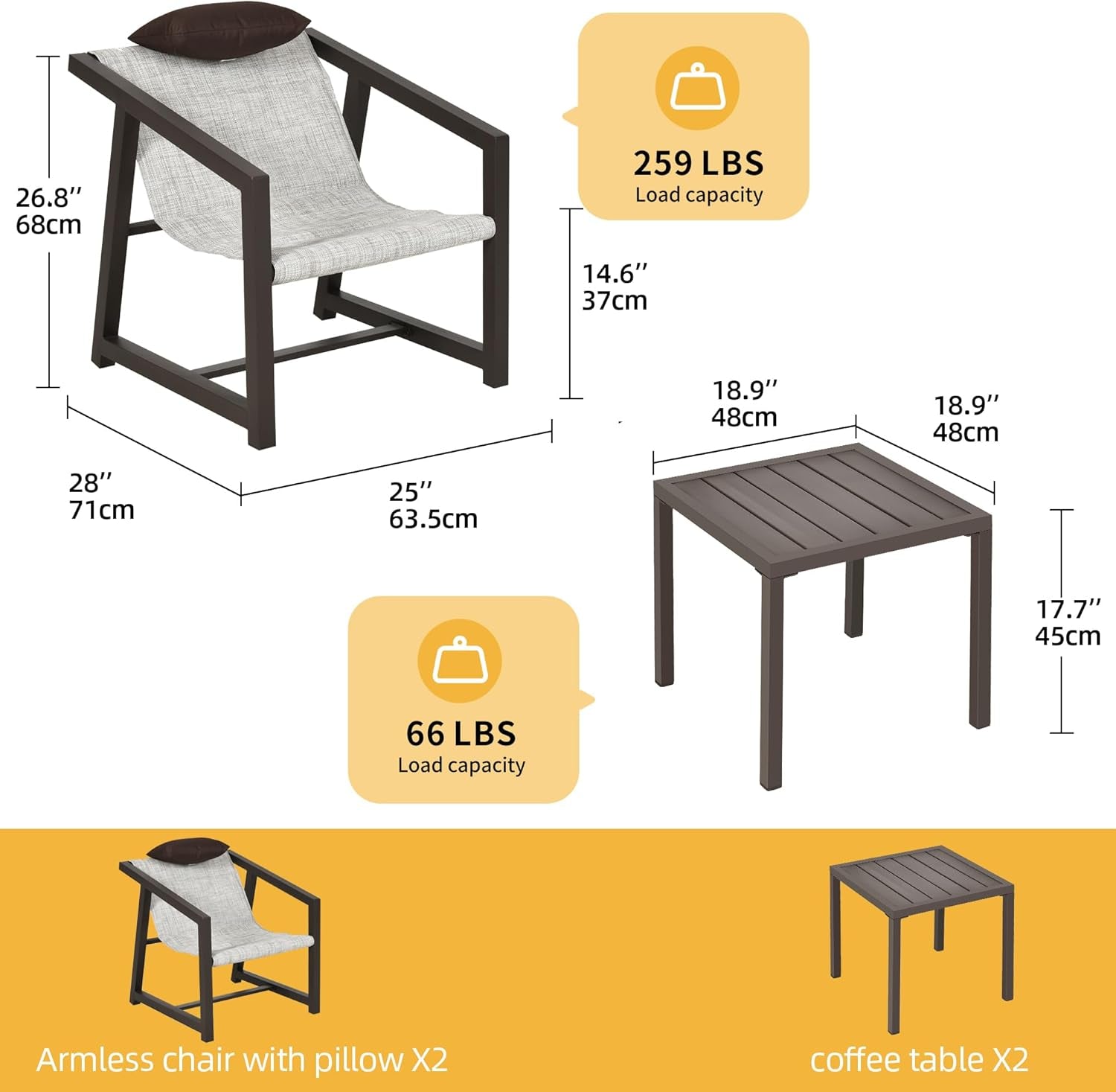 3 Pieces Patio Conversation Bistro Set, Textile Patio Furniture Set with Side Table & Headrest Pillows, Outdoor Sectional Sofa for Patio, Balcony, Backyard, Garden, Poolside-2