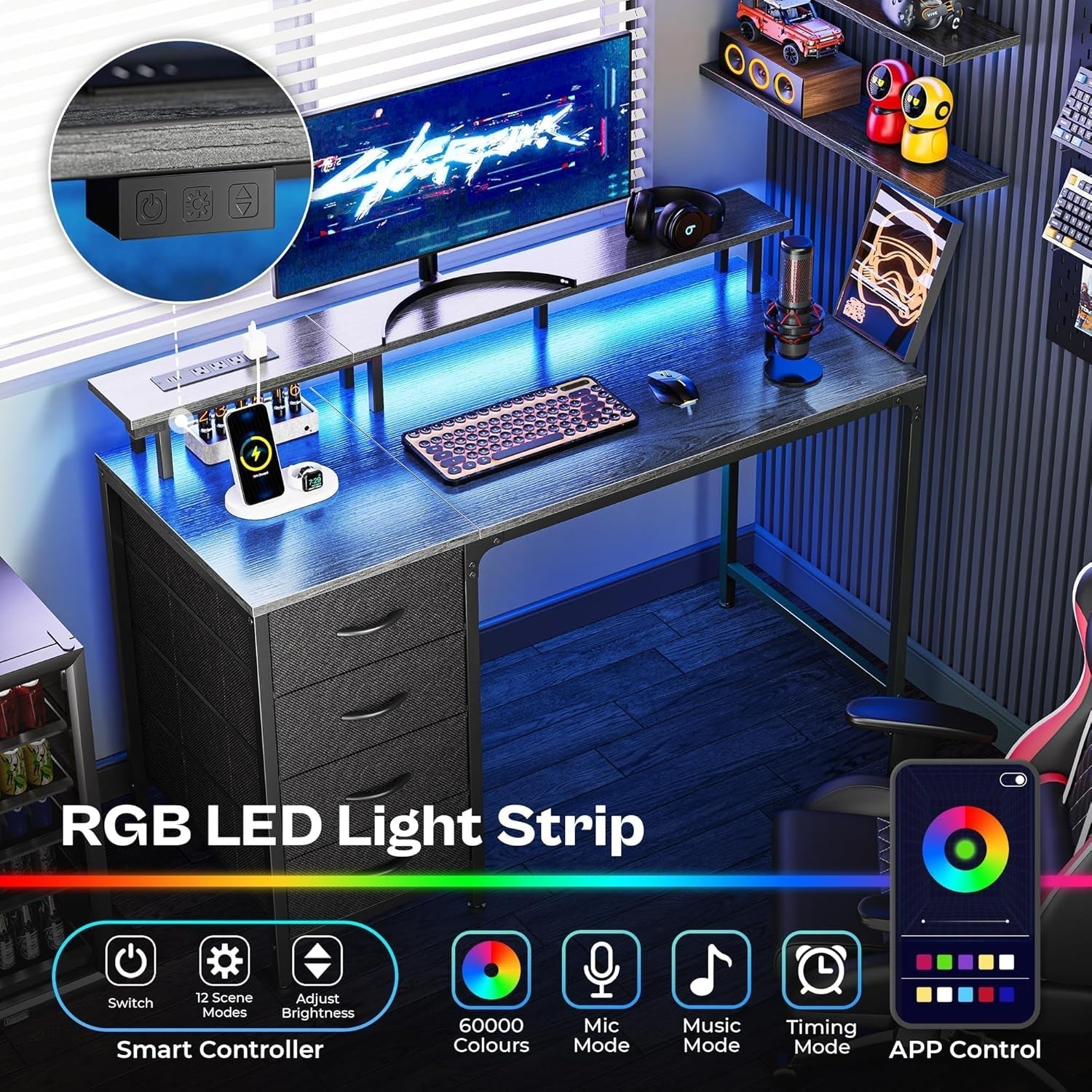 47 Inch Computer Desk with Power Outlets and LED Lights, Gaming Desk with 4 Drawers, Office Desk with Monitor Stand, Study Desk Work Desk for Home Office, Small Spaces, Gray-2