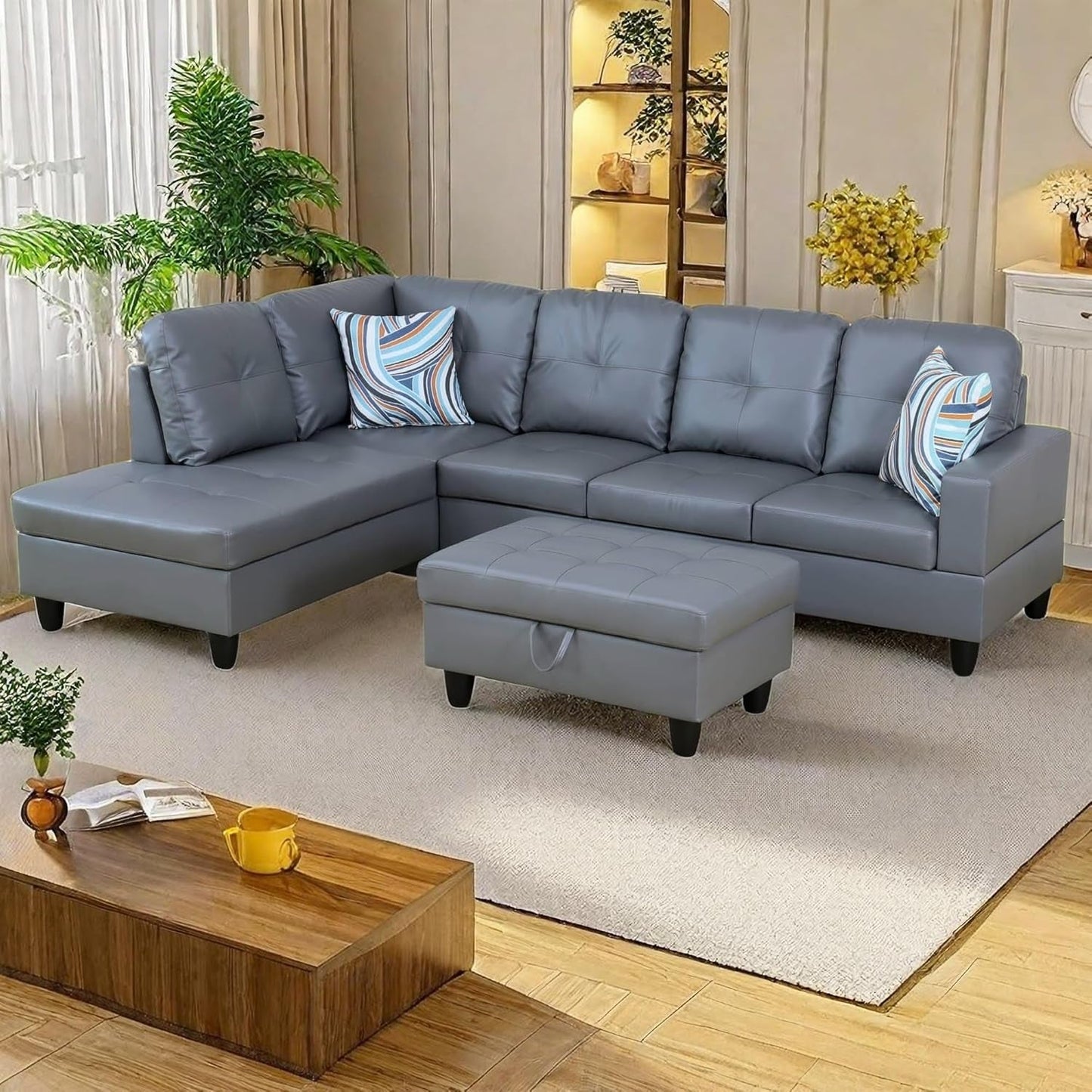 L Shaped Sectional Couches, Modern Convertible Lounge Leather Couch with Ottoman Storage, Comfy Modular Sectional Sofa for Living Room Furniture Sets, Small Spaces, Dark Grey-2