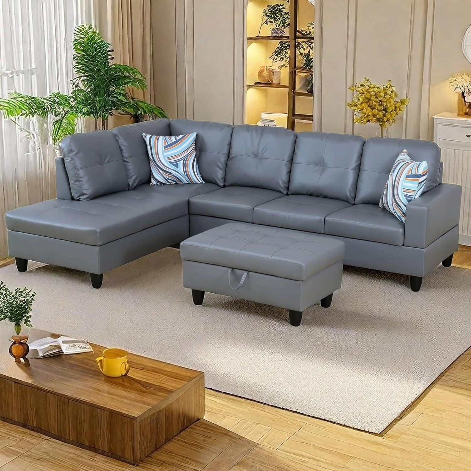 L Shaped Sectional Couches, Modern Convertible Lounge Leather Couch with Ottoman Storage, Comfy Modular Sectional Sofa for Living Room Furniture Sets, Small Spaces, Dark Grey-2