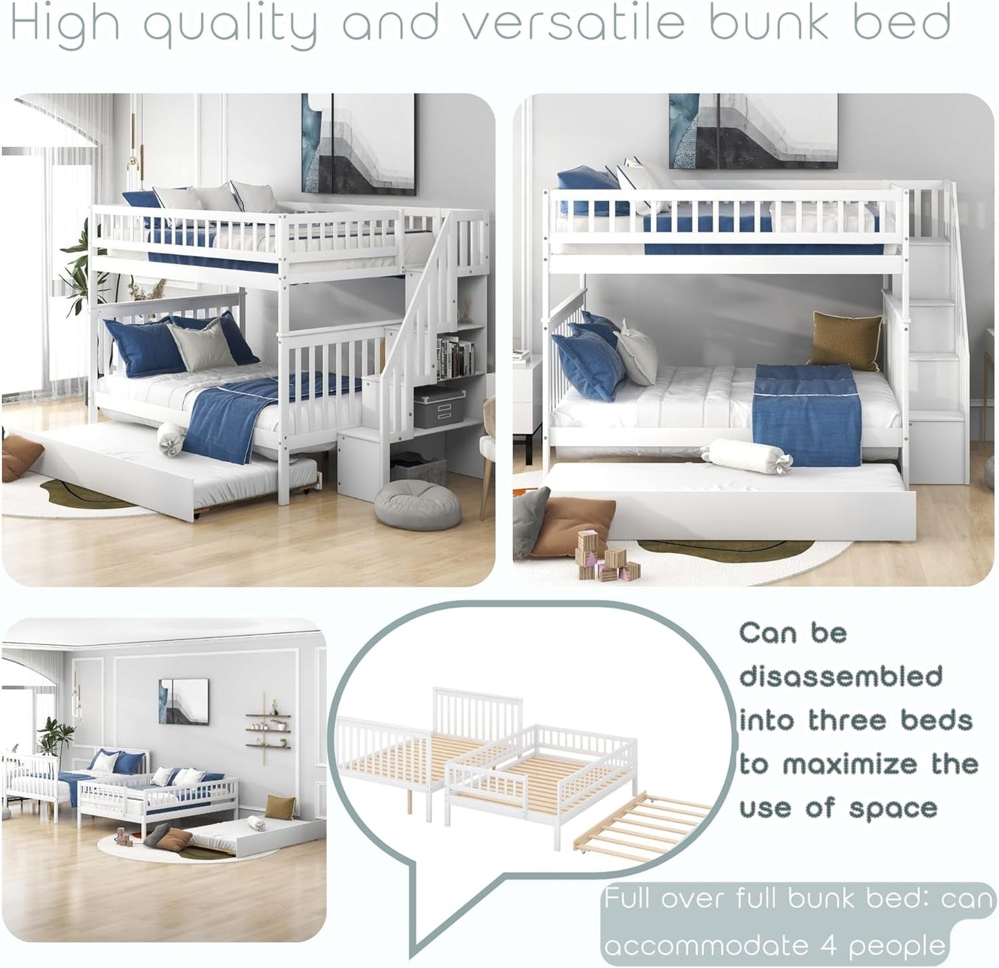 Full over Full Bunk Beds with Trundle and Stairs Stairway Bunk Bed Frame with Storage Shelves for Kids Teens Adult, Detachable Wood Full Bunk Bed for Boys Girls Adults, White-2