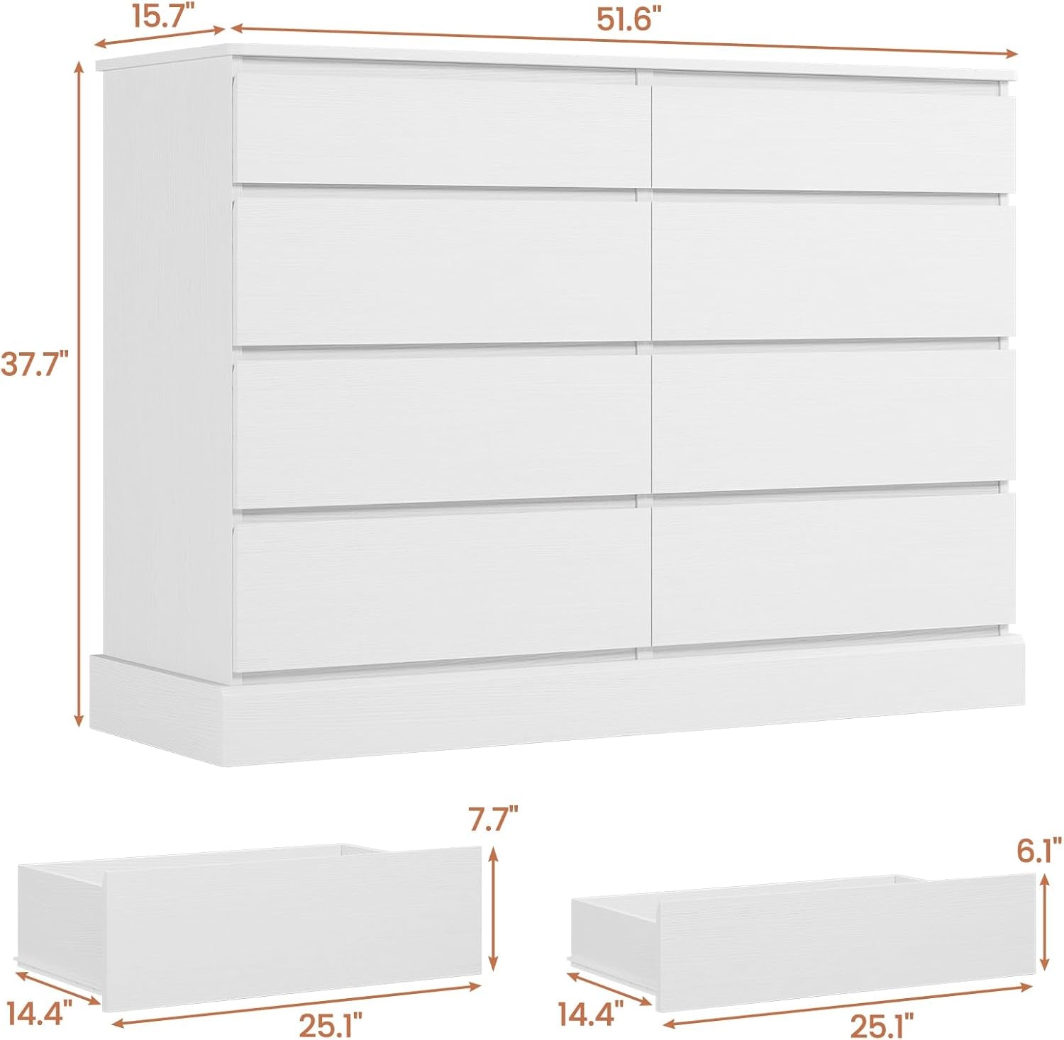 8 Drawers Dresser for Bedroom, White Large Chest of Drawers, Long Modern Double Dressers, Big Clothing Storage Organizer Closet with Ample Space, 51.6''L X 15.7''D X 37.7''H-1